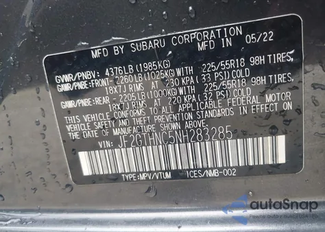 2022 Subaru Crosstrek Limited z USA, uszkodzony, nr VIN JF2GTHNC5NH283285